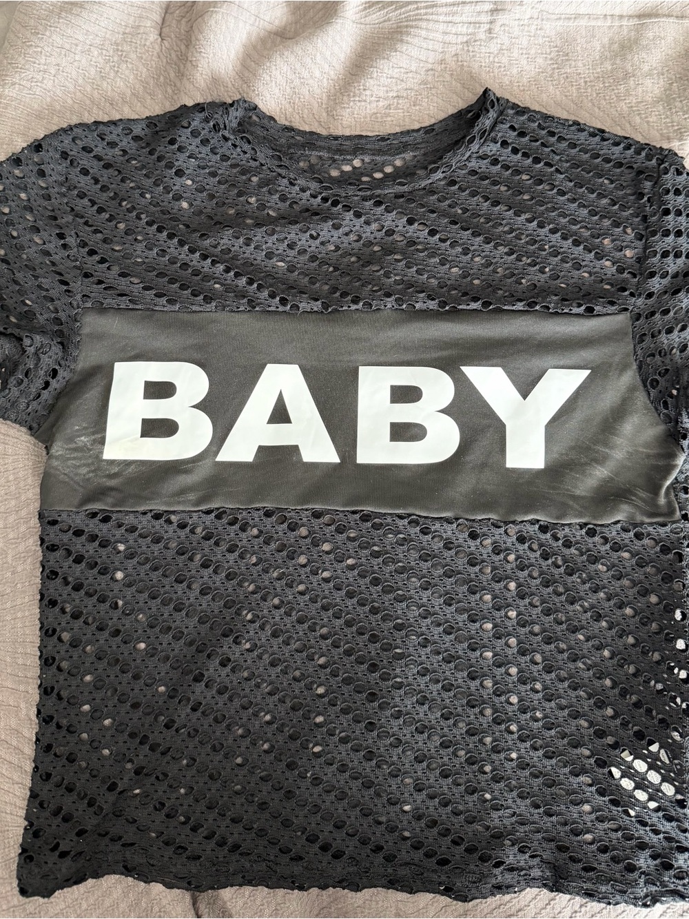 Black Mesh 'BABY' Graphic Short Sleeve Crop Top